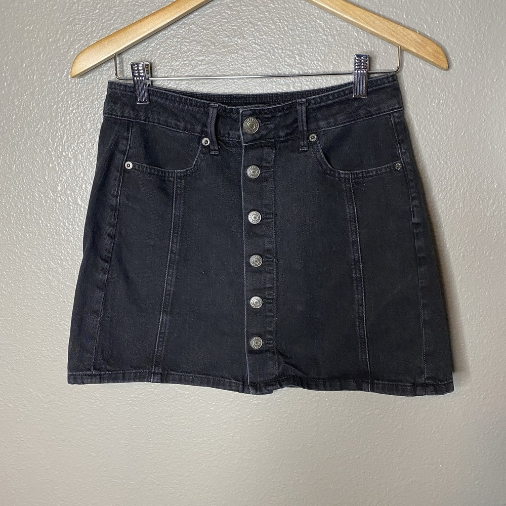 American Eagle Skirt Womens 2 Black‎ Denim Hi Rise A-Line Button Front Normcore